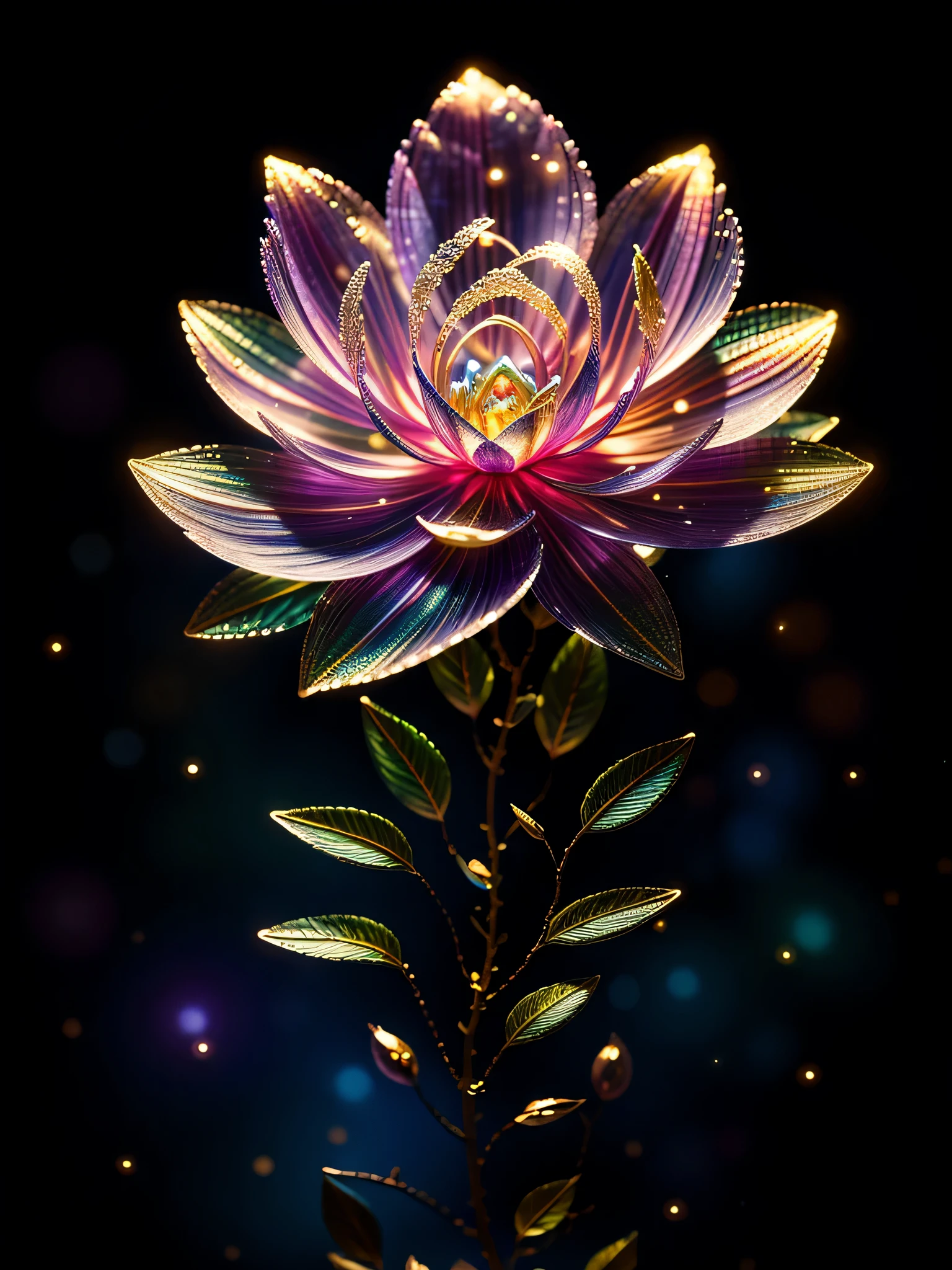 Delicate lilac branches, Ultra-transparent, holy Light, beautiful spectral Light, Petal Hair Light, Flash, Dark background, Close up of a flower with a star in the background,drops of transparent Light, reflective Light, bright, Light streaming in, Lightology, Portrait Profile, Sharp focus, magic, Wheels within wheels, Surreal, fantasy, work, Light, Trending on artstation, pearl, Silver Steam Guardian Cloud, Corrosion Envelope Ray Family, 8k, ureal ar 23v4 upLight