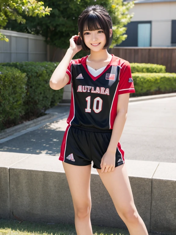 ((Whole body 1.4))((masterpiece)), ((best quality)), (ultra-detailed), ((kawaii)), cute, (lovely), realistic, real, full body, In town, daytime, a cute girl, 1girl, solo, beautiful black hair, beautiful black eyes, ((beautiful eyes)), short hair, ribon, smile,Volleyball player in red uniform,Small breasts,Are standing