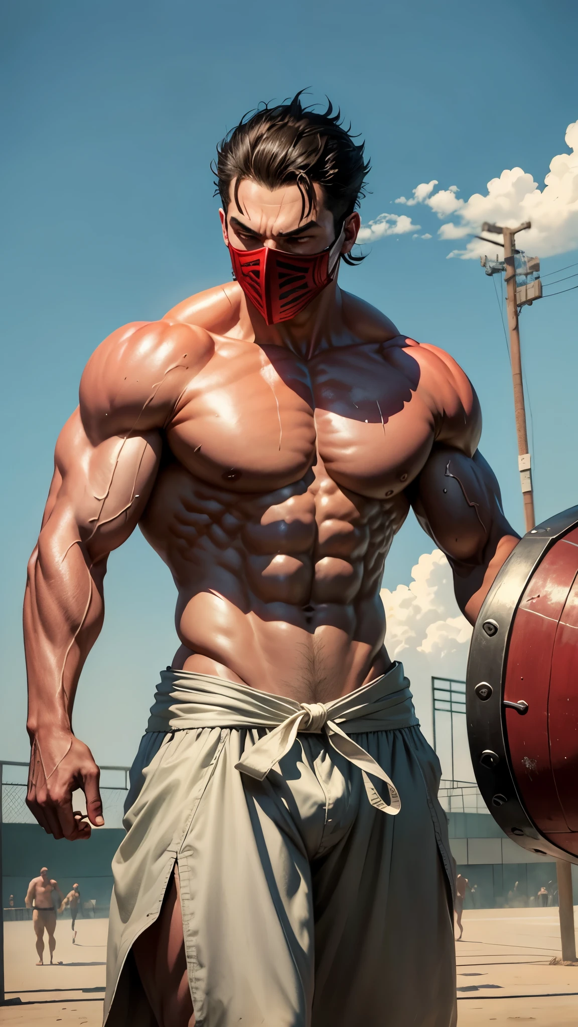 Muscular macho, wrestling mask, bloody devil mask, champion theme. Powerful body, sweating body. Heatwaves