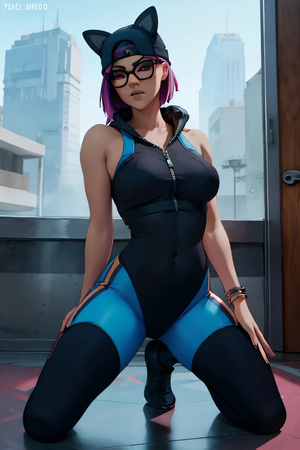 Traje de lino Cyberpunk, gargantilla gotica, pulsera de picos,gorra, shorts ????? con leggins Azul Marino, chaqueta azul marino ,Extremadamente detallado, rostro detallado, gafas ,hermoso rostro, ojos finos, mirando al espectador, pose femenino, Noche 