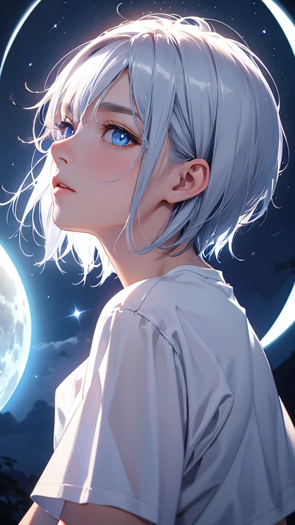 highest quality、Realistic、Night Sky、full moon、moonlight、girl、zoom、look up、cute、cobalt blue eyes、Silver Hair、Short Hair、White T-shirt、Face close-up、slender