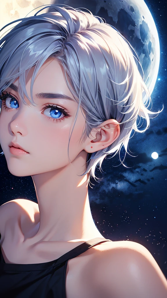 highest quality、Realistic、Night Sky、full moon、moonlight、girl、zoom、look up、cute、cobalt blue eyes、Silver Hair、Short Hair、White T-shirt、Face close-up、slender