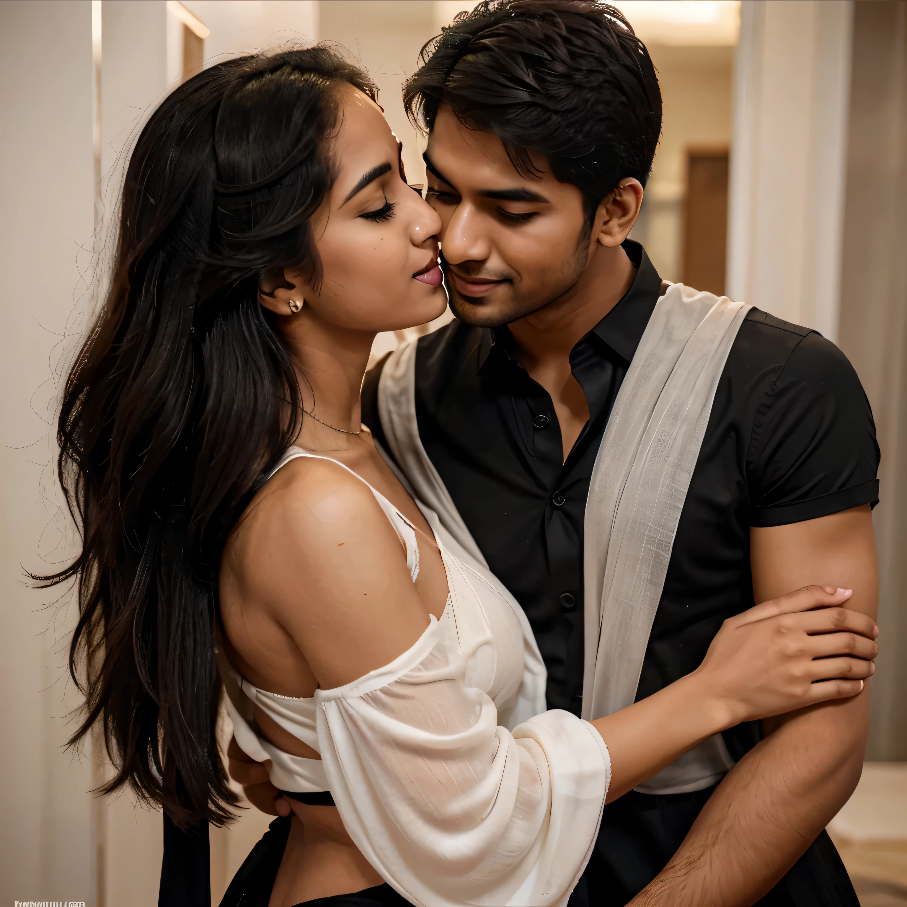 Hot indian boy fit body sweet smile simple face white skin fair and very fair tall and handsome kissing on lips of his hot gf passionatly  in black dress both