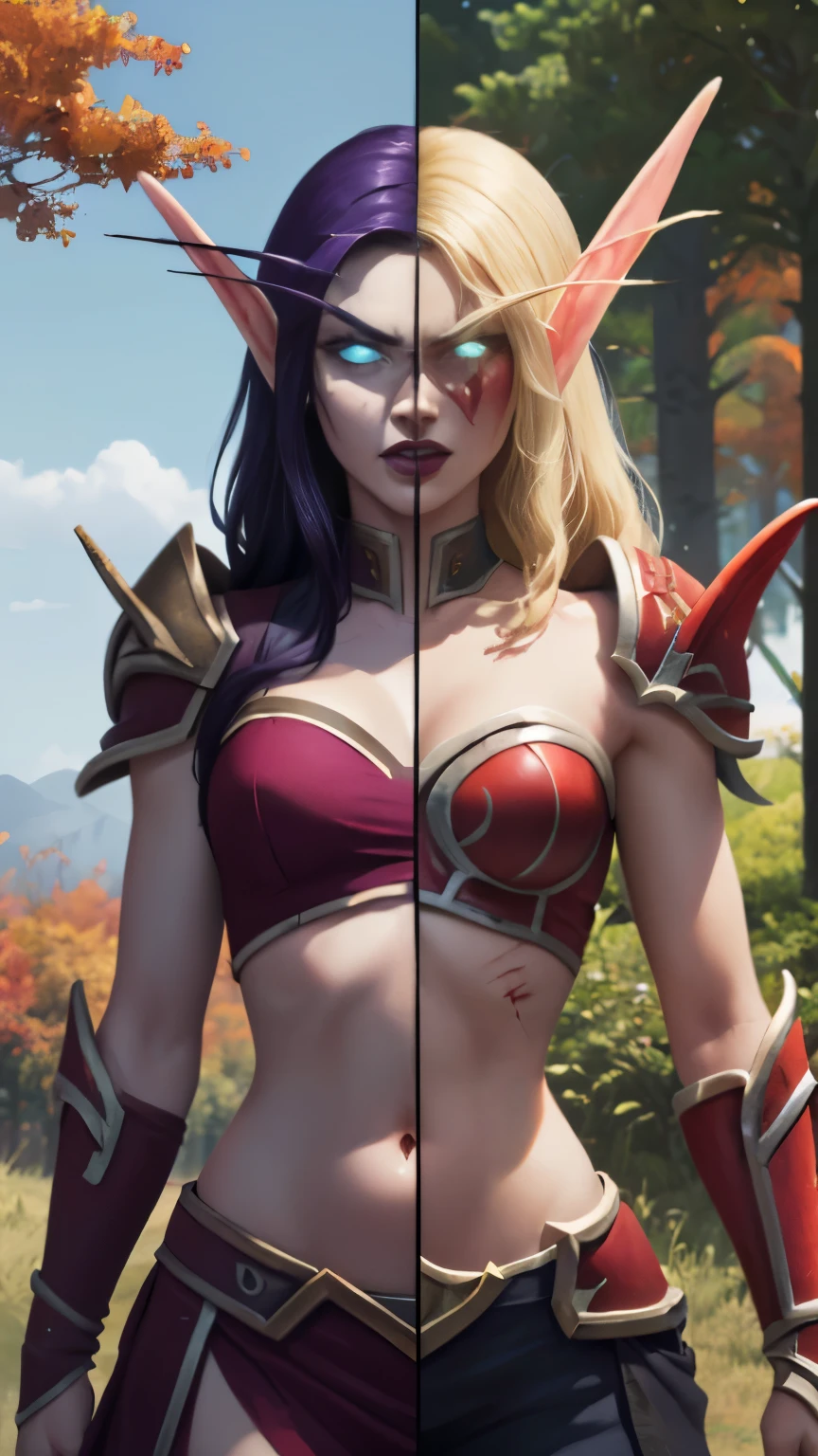 (Masterpiece, highly detailed, highly quality, highly resolutions), line between the middle, ((SplitScreen, split screen, BREAK nightelf, angry, clenched teeth, scars on face, glowing eyes, blue eyes, Purple Hair, colored skin, mature female, purple midriff, navel, purple shoulder pad, platinum trim, purple lips, looking at viewer, forest, night, bare shoulders, spring season), (SplitScreen, split screen, BREAK bldelf, angry, clenched teeth, blood strains on faces, glowing eyes, yellow eyes, Blonde hair, colored sclera, mature female, red short shirt, navel, red shoulder pad, gold trim, red lips,, looking at viewer, forest, day, bare shoulders, Fall season))