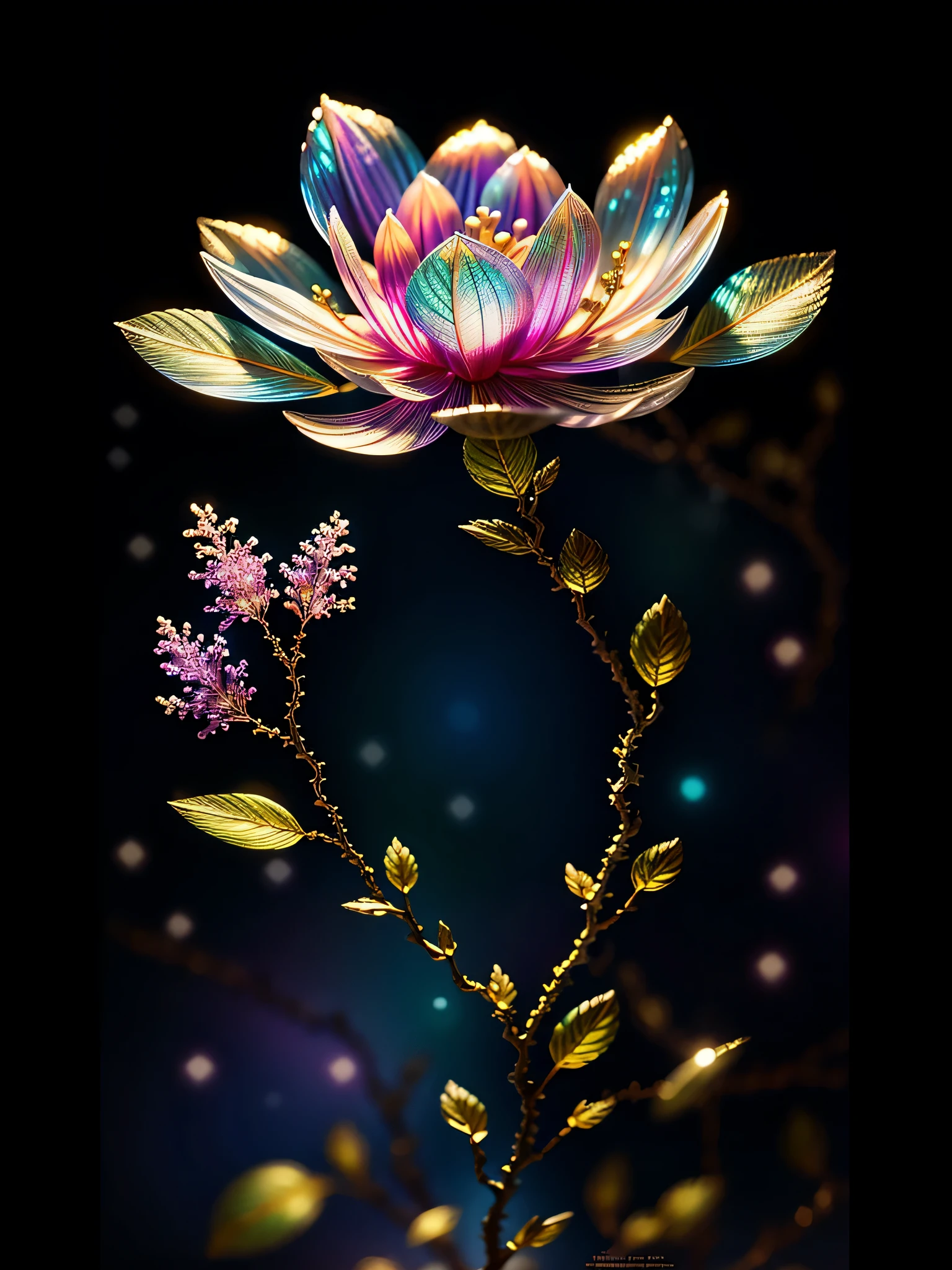 Delicate lilac branches, Ultra-transparent, holy Light, beautiful spectral Light, Petal Hair Light, Flash, Close up of a flower with a star in the background,Dark background, drops of transparent Light, reflective Light, bright, Light streaming in, Lightology, Portrait Profile, Sharp focus, magic, Wheels within wheels, Surreal, fantasy, work, Light, Trending on artstation, pearl, Silver Steam Guardian Cloud, Corrosion Envelope Ray Family, 8k, ureal ar 23v4 upLight