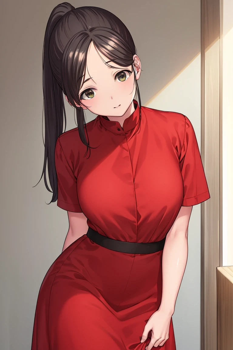 akaneyoshizawa, akane yoshizawa, Black Hair, ponytail, (Green Eyes:1.5), flowing bangs, Long Hair,
BREAK in a red dress,No sleeve,Japanese_Clothes,just_shoulder,(Closed_Clothes),
Take a break indoors, classroom,
BREAK Watch Viewers, (Cowboy Shot:1.5),Are standing, Leaning forward, Put your arms behind your back and BREAK (masterpiece:1.2), highest quality, High resolution,Browsing Caution ,unity 8k wallpaper, (figure:0.8), (Beautiful fine details:1.6), Highly detailed face, Perfect lighting, Highly detailed CG, (Perfect hands, Perfect Anatomy),