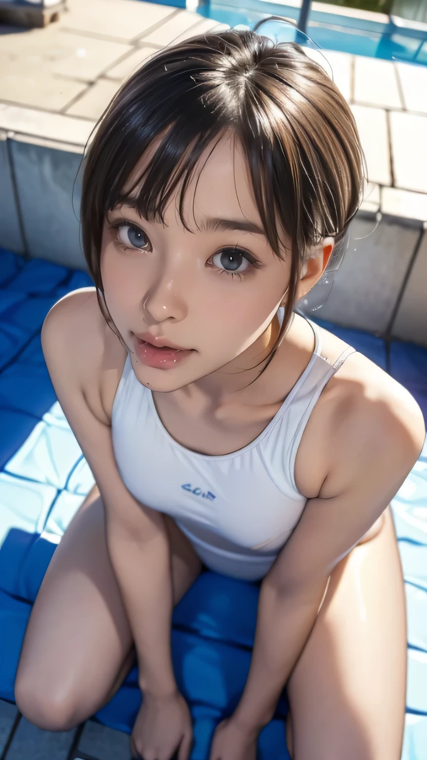 (Flying debris:1.2),(8K High Resolution), (highest quality), (RAW Image Quality), (reality), (that&#39;realistic:1.37), Big eye,Long eyelashes,that&#39;Exquisite（Live-action realistic style）,The ultimate face,realistic光と影,Distinct facial features,Milky skin, Skin with attention to detail,realistic skin details,Visible pores,（Very detailed）,(short hair),best portrait,((Photo taken from a distance, from the front)), Only one girl, Cute type,fine and beautiful eye, Beautiful and detailed nose, Very detailedな肌) ,(Beautiful face with double eyelids), (realism: 1.4),Great details, Ultra-high resolution,,,Delicate and beautiful face,,Age 25,(Beautiful Face 1.4),thin,,((School poolside)),, ((Wear a school swimsuit&#39;Wearing a uniform and making eye contact with the audience)),Wear a school swimsuit, Very beautiful legs,((Crouching in front of the viewer))),squat with your legs slightly open,the hospital floor is white,Crouching in front of the viewer,((Crouching in front of the viewer)), ((-yeld gi slim, Thin waist, thin thighs, thin arms, smile)), (((Look up, (View from above:1.2), Semen On , Penis Facial,  ((Sticking out tongue, Open your mouth)), close ~ eye))), (Wet Face, Wet Hair)