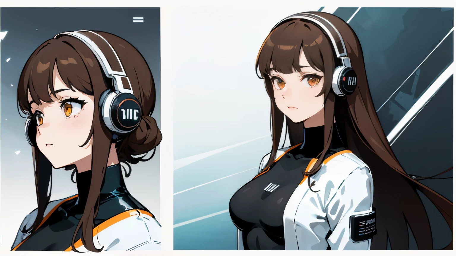 ((highest quality)), ((masterpiece)), ((Realistic)) 19 years old, Redhead girl, Shoulder-length hair, リラックスした幸せなface,(非常にdetailedな目), ((thin)) ,Rubber bodysuit, ( White one piece swimsuit ) ((sexy )) ,Slender figure,textured pixie haircut (((detailedなキャラクターシート, Front view, ~ side面図, 3/4 Views))) (((cyber punkの背景))) 6 and a half whole bodies,4K,UltraSharp,Multiple Views of the same character,Charterner v2, One girl, Slender figure, (Headphones),Brown Hair, Long Hair, Orange eyes, Same clothes, Concept Art, detailed_face, line_sketch, plan, Official Art, Official Alternative Costumes, Design style, multi style, detailed character, 4_~ side, original, 8K GC, massive detailed, Multiple Views of the same character, character, technical illustration, Multiple Views,masterpiece,highest quality(masterpiece, highest quality), 32k,(非常にdetailedな美しい女性), Poster,SF,Bauhaus, shape, Abstract,movie Poster, Vintage,Retro,Future Anime,The ultimate map,highlight,Headphones,Very detailed glowing eyes,Cleavage,Complex patterns,stylish hairstyle,fluorescence((White clothes)),Starry Sky,cyber punk