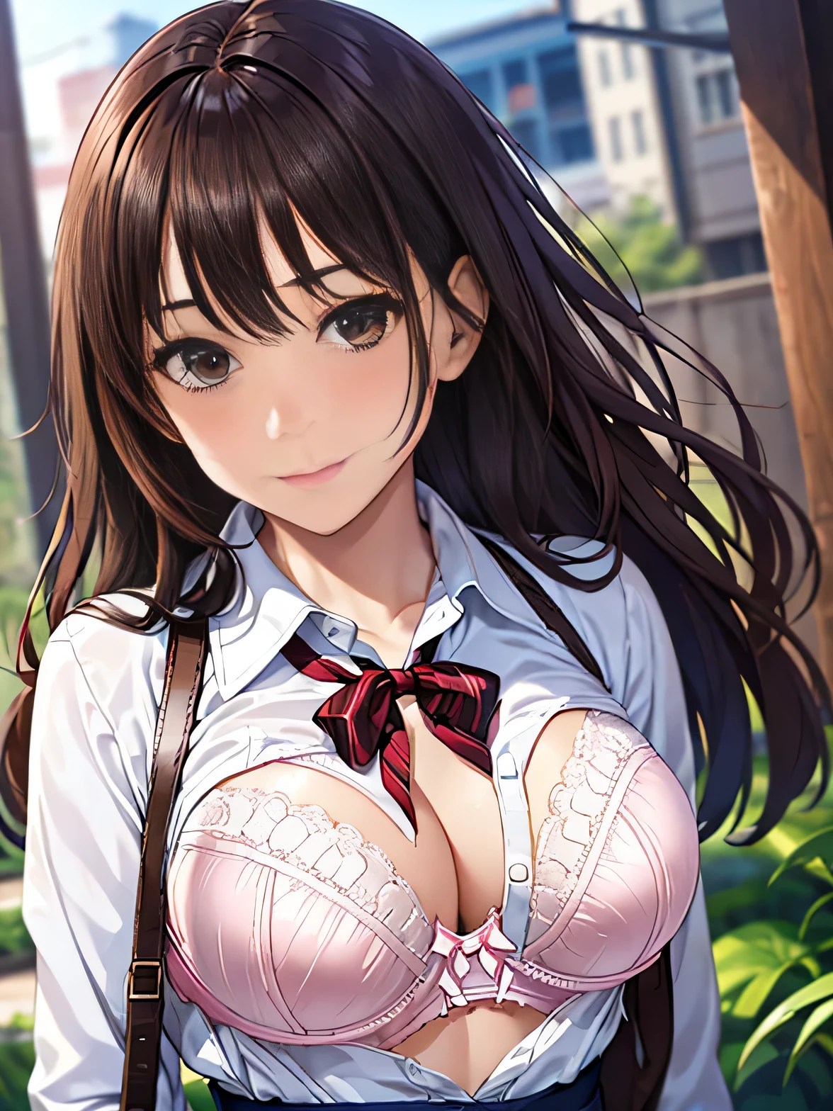 ((highest quality, High resolution, Hmph, Perfect Pixel, 4K, Hmph, Hmph))), One Girl, single, alone, Beauty、((The whole body is visible:1.3))、 ((Medium length wavy hair, bangs, brown hair)), ((Brown eyes, Beautiful eyelashes, Realistic eyes)), ((Detailed face, Blushing:1.2)), ((Smooth texture:0.75, Realistic texture:0.65, Realistic:1.1, Anime CG Style)), Medium chest, Dynamic Angle, Perfect body, ((school uniform,  white shirt with a red ribbon on the chest, Black Skirt, Unbuttoned shirt、Checked skirt、White Sox)), garden、Very embarrassing panic smile、、Cute floral bra、Angle from below, Thick lips, Back view, turn around, Showing panties, (((Unbutton your shirt to reveal your bra:1.5)))