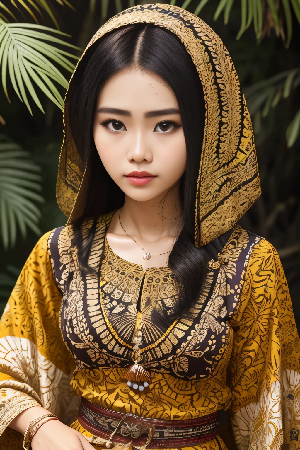1 gadis cantik indonesia,rambut di sanggul dan ada hiasan kembang melati dan mahkota,memakai setelan kebaya adat Bali berwarna putih,rok kain batik.