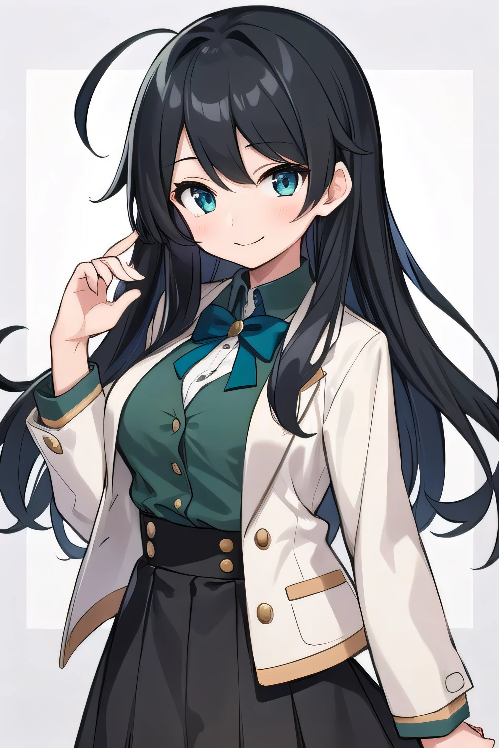 Junior high school student who looks like an elementary school student, 14 years old, very short, 140 cm tall, black hair with a slight green tinge, short ahoge, beautiful long hair but with a little hair sticking out, beautiful round eyes, blue eyes, smile, boyish, long sleeves, Thick clothes, skirt, big breasts, hair longer than waist, long hair, childish face, gentle smile, a little shy, black skirt, black hair with a slight green tinge, boyish, gentle smile, jacket one size larger, ( Deep greenish black hair: 1.2)