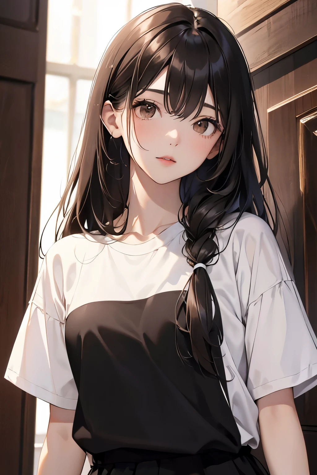 best quality, highres,Slender、Brown eyes、tall、Black Hair、(Long Hair:1.3),Straight Hair、7 life size、、white short sleeve t-shirt、slouch、Looking up