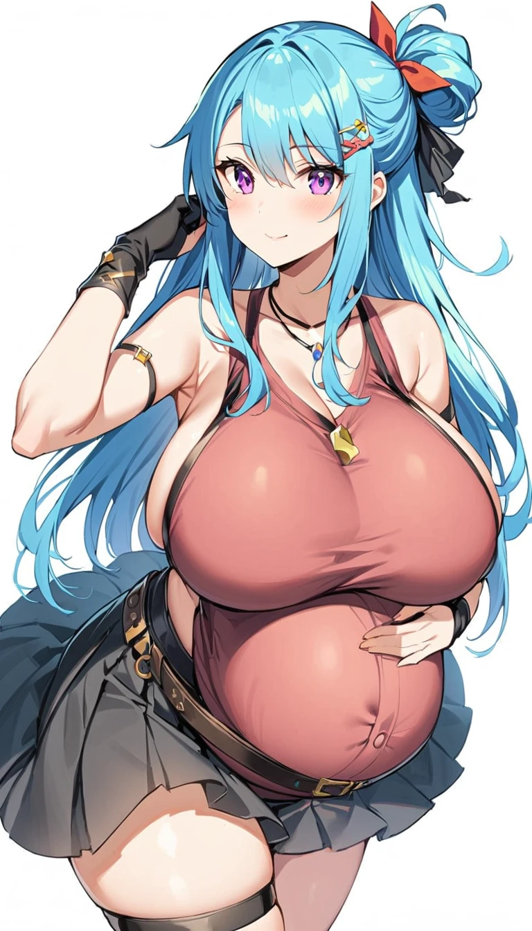 1 Girl,22-year-old girl, Long hair,Brown hair, Inner hair color, Blue Hair, Purple Eyes, Partially fingerless gloves, Thigh straps, Black gloves, Hair accessories, skirt, Bangs, jewelry, pleated skirt, Single leg, black skirt, Ruffles, hairpin, necklace, gradient skirt, belt, sleeveless, Happy,,(pregnant,Huge breasts:1.8)