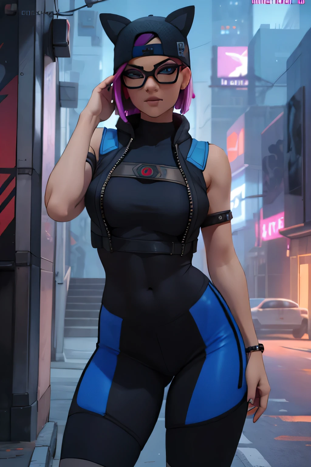 Traje de lino Cyberpunk, pulsera de picos,gorro de invierno , shorts negro con leggins Azul Marino, chaqueta azul marino ,Extremadamente detallado, rostro detallado, gafas ,hermoso rostro, ojos finos, mirando al espectador, pose femenino, Noche