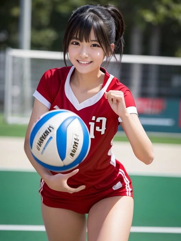 ((Whole body 1.4))((masterpiece)), ((best quality)), (ultra-detailed), ((kawaii)), cute, (lovely), realistic, real, full body, In town, daytime, a cute girl, 1girl, solo, beautiful black hair, beautiful black eyes, ((beautiful eyes)), short hair, ribon, smile,Volleyball player in red uniform,Small breasts,Are standing,Backwards,Face this way