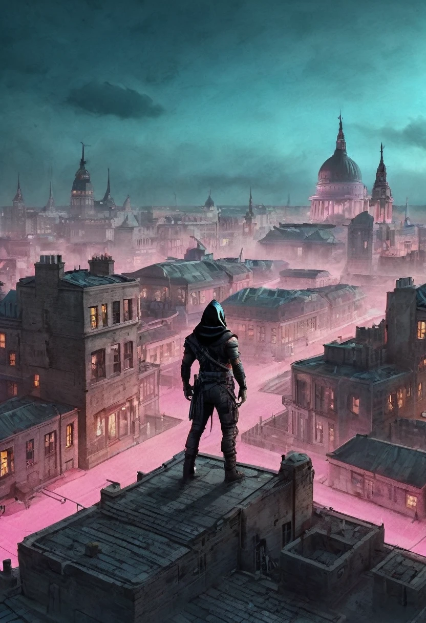 general shot, artistic effects, violet colors, black cyan:1.5,((best quality)), ((Masterpiece)),((Person Standing on Rooftop with his back to the camera wears hood:1:5)), at night:1.4, city with illuminated skyscrapers, landscape in the background, )), (very detailed body:1.3), 3D, beautiful (cyberpunk:1.3), ((with weapons in his hands) ), (((Futuristic style background Mad Max movie))), (((pink and cyan neon lights at night) )), night image, lighting of buildings and streets at night, 32K