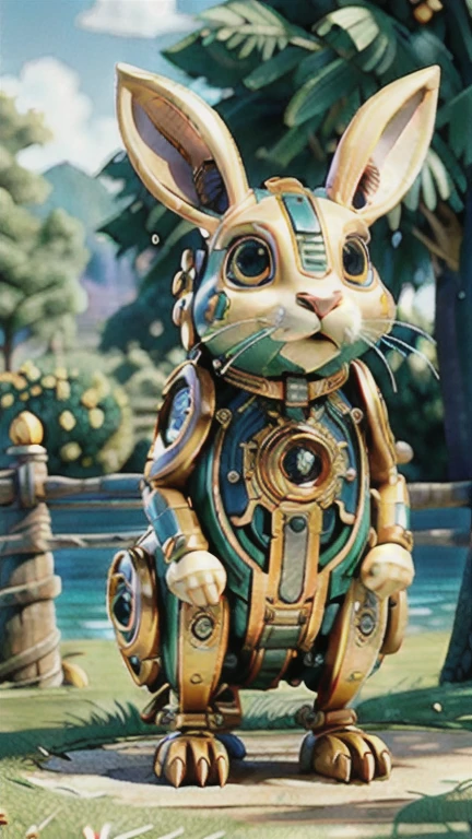 ((masterpiece)), ((best quality)), 8k, high detail, Super detailed, Mechanical Rabbit, harmoniously integrated into the beauty of nature, Strike a balance between technology and the environment, ((nature)), ((Fusion)), ((Balance between technology and environment)),  gear mechanism, Under the tree,light,