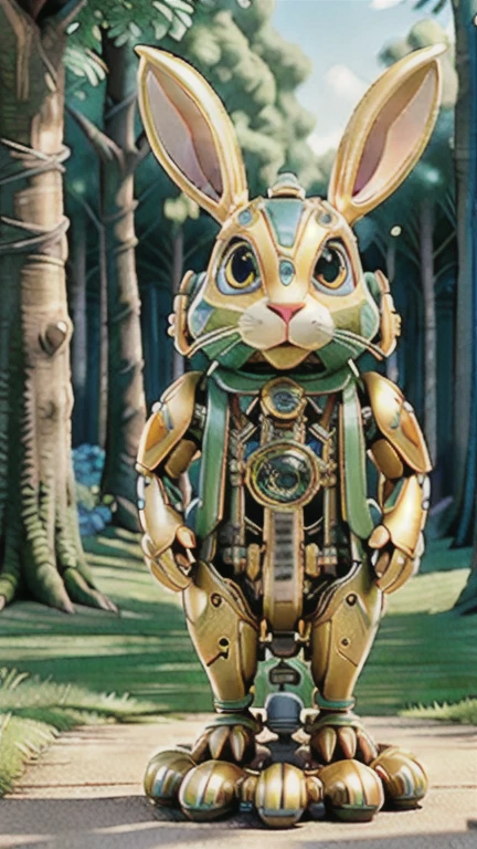 ((masterpiece)), ((best quality)), 8k, high detail, Super detailed, Mechanical Rabbit, harmoniously integrated into the beauty of nature, Strike a balance between technology and the environment, ((nature)), ((Fusion)), ((Balance between technology and environment)),  gear mechanism, Under the tree,light,