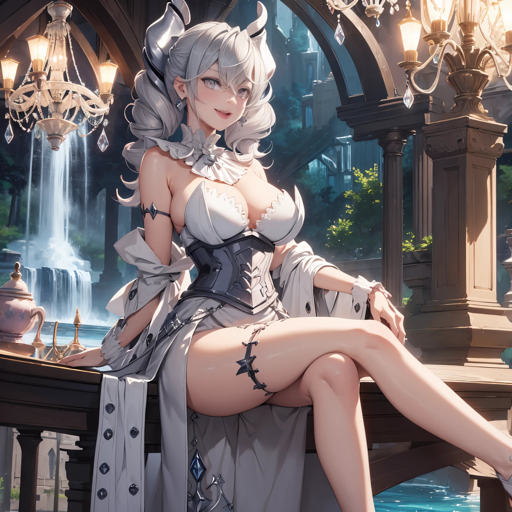 ((masterpiece)),(best quality), ((extremely detailed CG unity 4k wallpaper)),(cinematic lighting), (an extremely delicate and beautiful evil girl:1.3),face, fixed eye, hand fixed (++silver hair++), pink eyes, long hair, jewelry,earrings, :d, maid, labrynth,
Large breast ,(Crystal chandelier), horn ,outdoor, waterfall ,view from below, hand over lab,  sitting , crossed leg in detailed, all body  , leg fixed, shenhedef, shenhernd