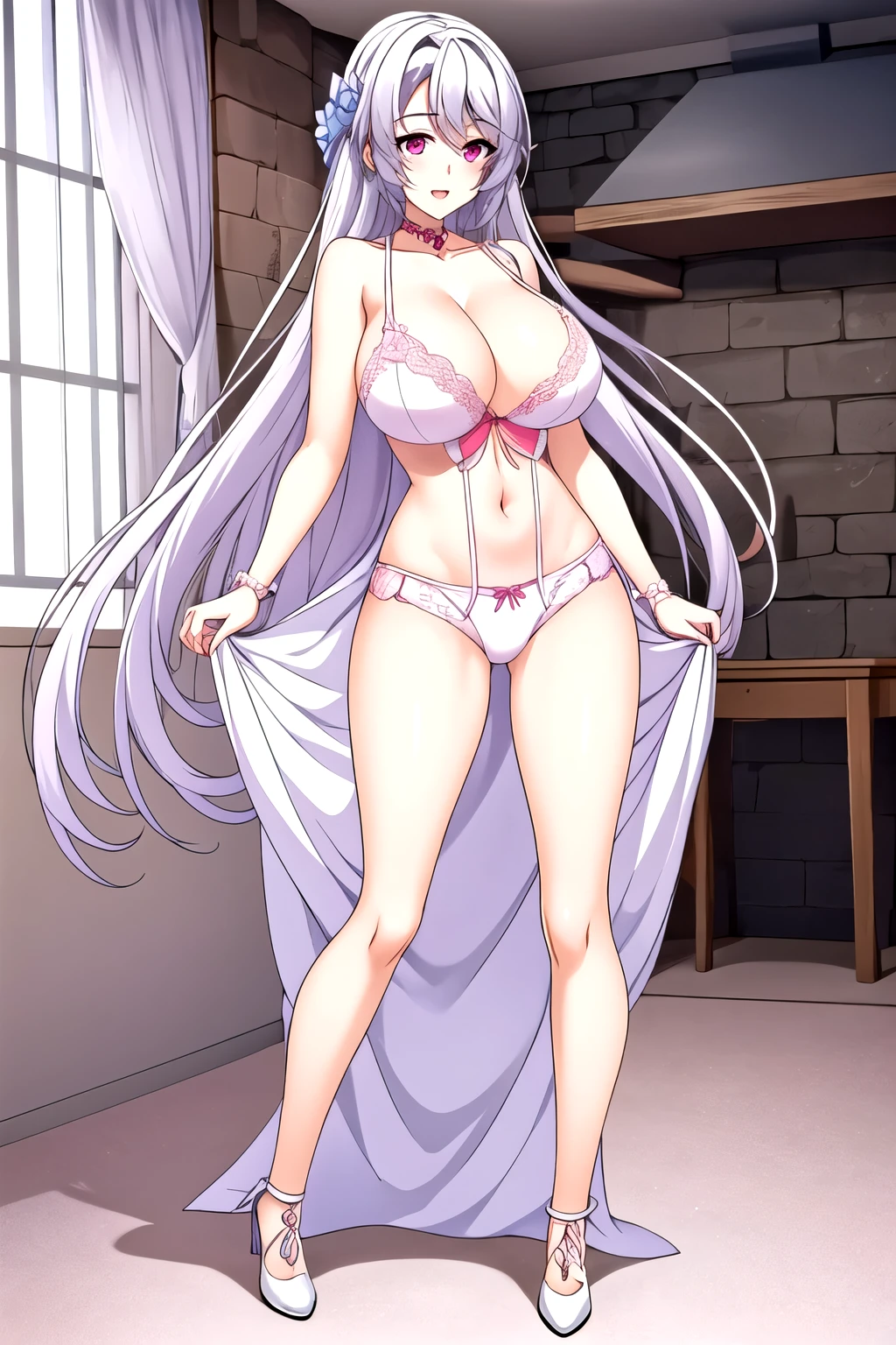 Long hair,Pink Eyes,Silver Hair, 1 girl, 18 years old,Young women,Beautiful finger,beautiful long legs,beautiful body,beautiful nose,Beautiful character design, Perfect eyes, perfect 脸, best quality, (8k), (4K),(masterpiece), (best quality), Extremely detailed, Game CG, Wheels within wheels, Super detailed, illustration, Beautiful Body,Beautiful nose,Beautiful character design, Perfect eyes, Perfect face, 1 Girl, Open your mouth, blush, Huge breasts, Smile, wedding dress_Light blue underwear_Lace