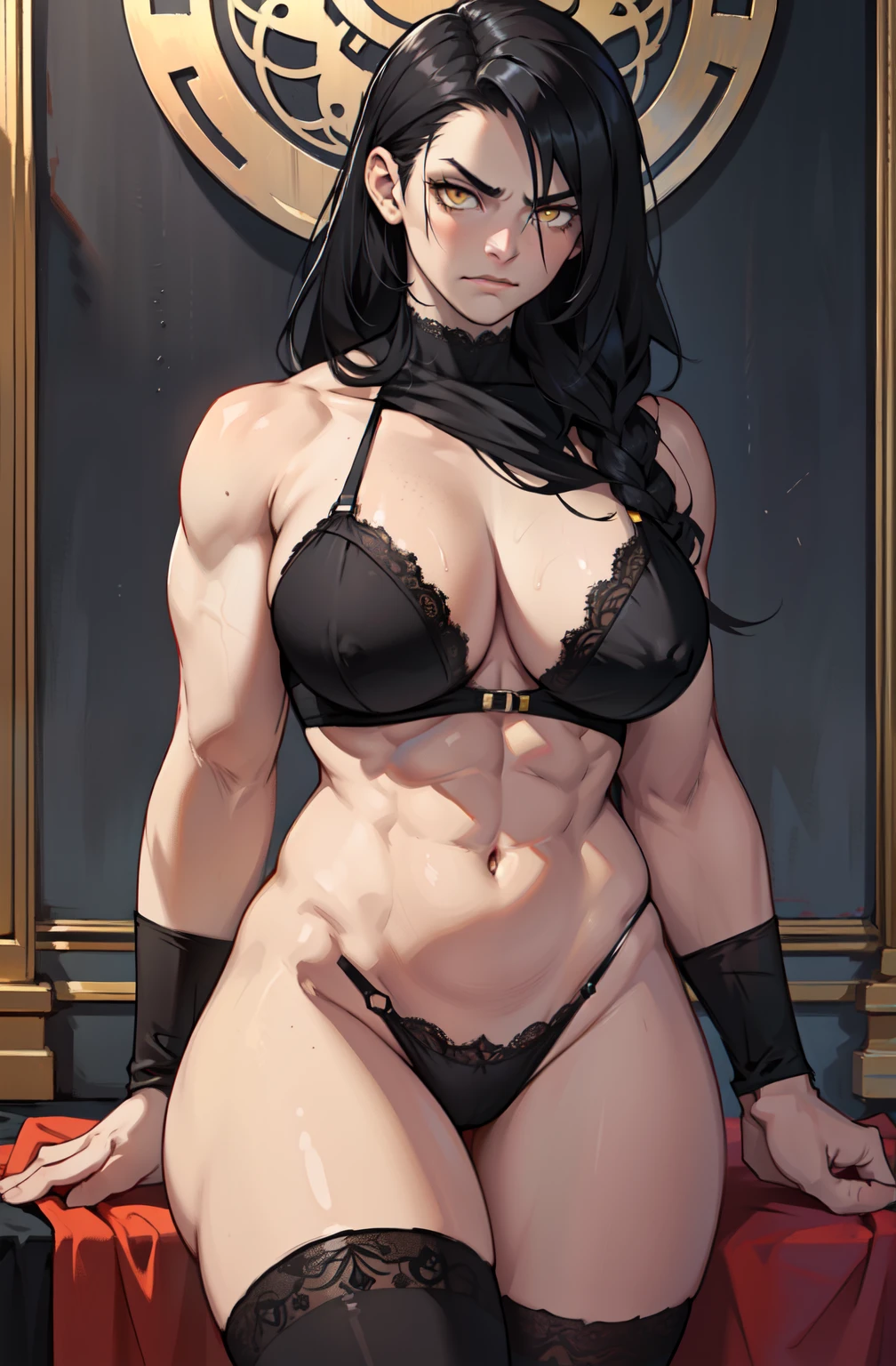 ((1 girl)), extremely long hair, solo, ((muscular)), veins, black hair, yellow eyes, pale skin, strong, veins, abs, (huge breasts), frowning, lace lingerie uhd best quality 16k (classic painting style)