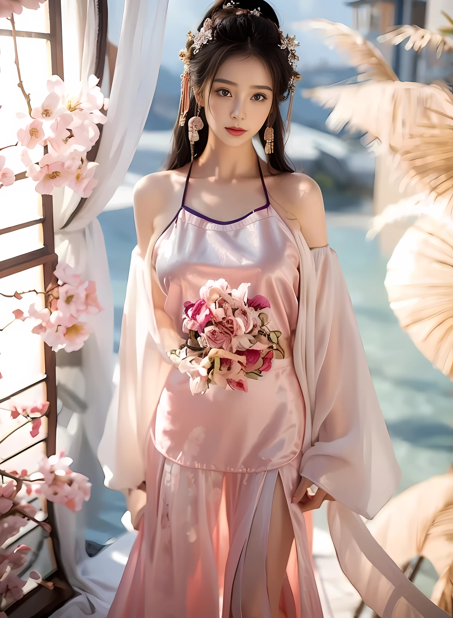 1 girl，(best quality, masterpiece:1.2), Super detailed，Solo selfie，Off-shoulder dress,Chinese Princess, (Pink belly pocket：1.3, ） ( Hanfu，Sea)，cloudy day，Bay window，plant，water surface，Vision，Background Bokeh