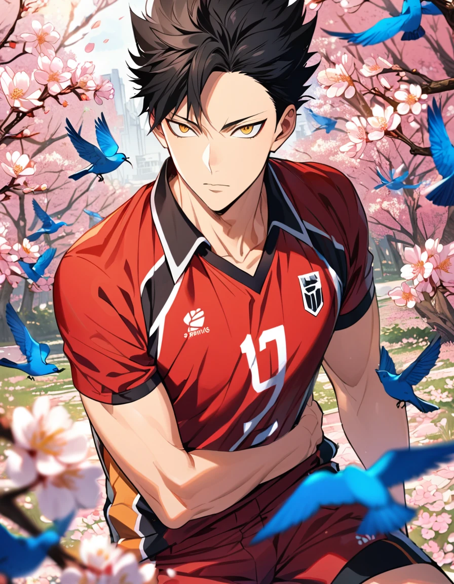 Ultra detailed, Highres, absurdres, Kuroo Tetsurou, black hair, golden eyes, red volleyball uniform, Haikyuu, spring, blossoms, blue birds, petals, extremely handsome, sexy man, toned chest, solo, very detailed eyes and face, red shorts,