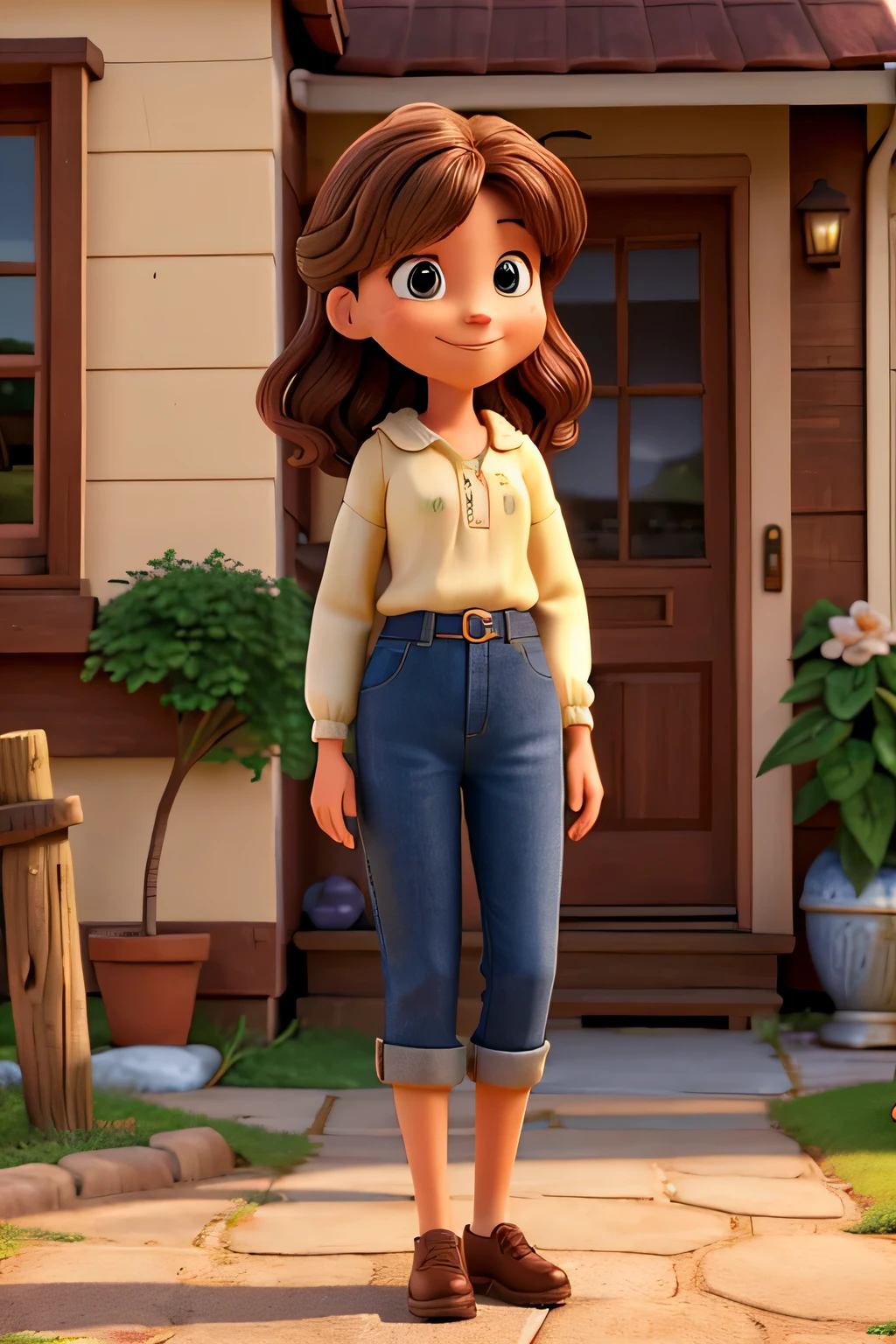 Create a brown-haired woman, around 50 years old, 1.55m tall, smiling warmly in front of her house, her slightly wavy hair falls softly over her shoulders, her bright eyes convey joy and serenity, while she is in standing at the entrance of the house, surrounded by pots of flowering plants, which add a touch of color and life to the scene, Photography, DSLR camera with 35mm lens, f/2.8, capturing the scene at an angle slightly tilted downwards, highlighting the woman and her house,