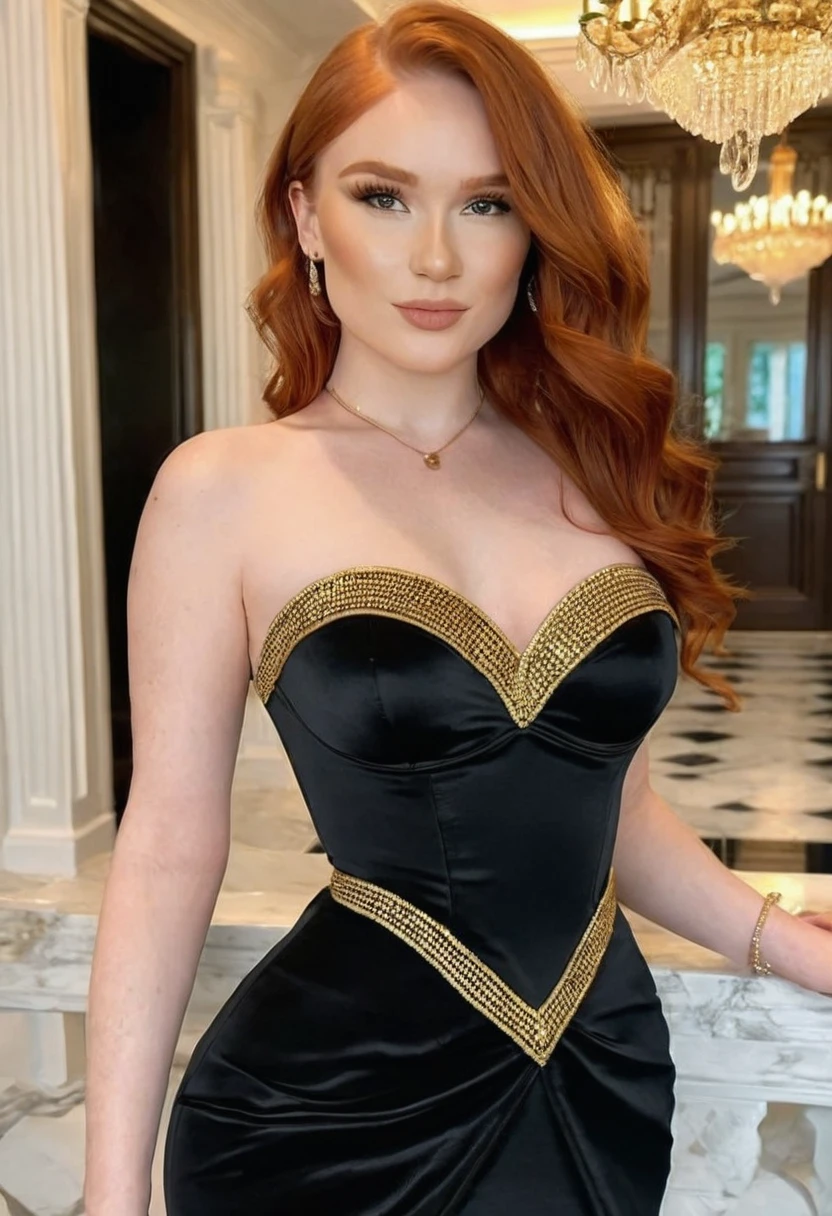 (high quality:1.5), (8k), Art of work, (Realistic), extremely detailed, (High detail:1.2), (Hotlexi woman), Solo, Irish redhead female, (in mansion), (black luxury dress strapless with gold details),