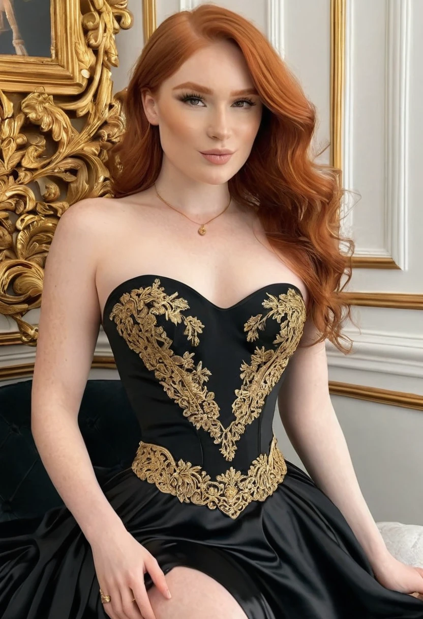 (high quality:1.5), (8k), Art of work, (Realistic), extremely detailed, (High detail:1.2), (Hotlexi woman), Solo, Irish redhead female, (in mansion), (black luxury dress strapless with gold details),
