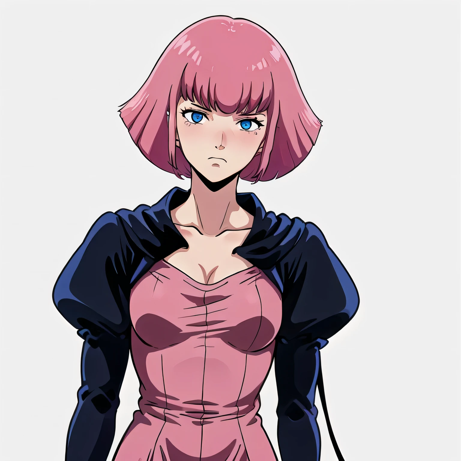 White Background,alone,Face Focus,
Haman_Khan,1 Female,Pink Hair,short hair,Side Lock,bangs,Eyebrow,double eyelid,blue eyes,Sharp eyes,Embarrassed,
Cape,Black Dress,clavicle,Puff sleeves,Long sleeve,Juliet Sleeve,