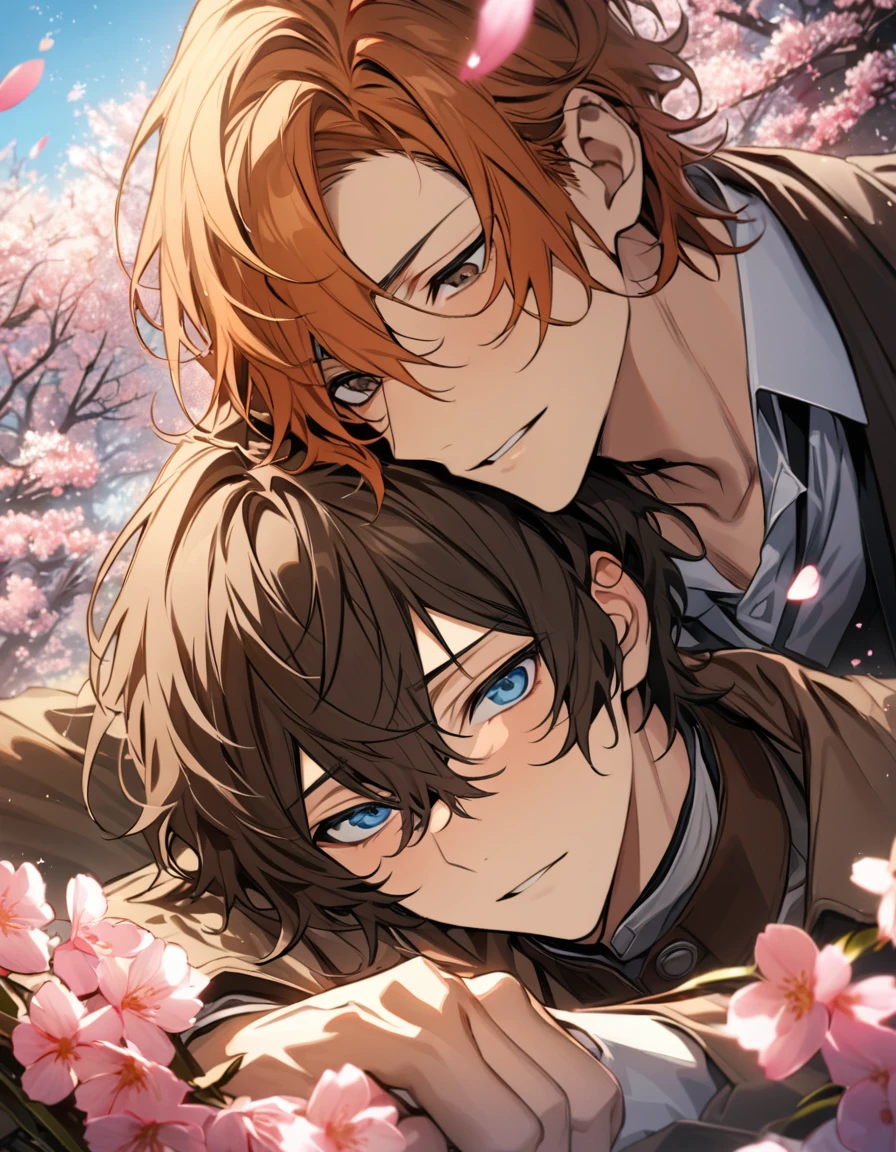 absurdres, highres, ultra detailed, HDR, master piece, best quality, extremely detailed face and eyes, Dazai Osamu, wavy brown hair, expressive brown eyes, Bungo stray dogs, Nakahara Chuuya, orange hair, expressive blue eyes, 2men together, gay couple, handsome, spring, blossoms, pink petals, pink butterflies 