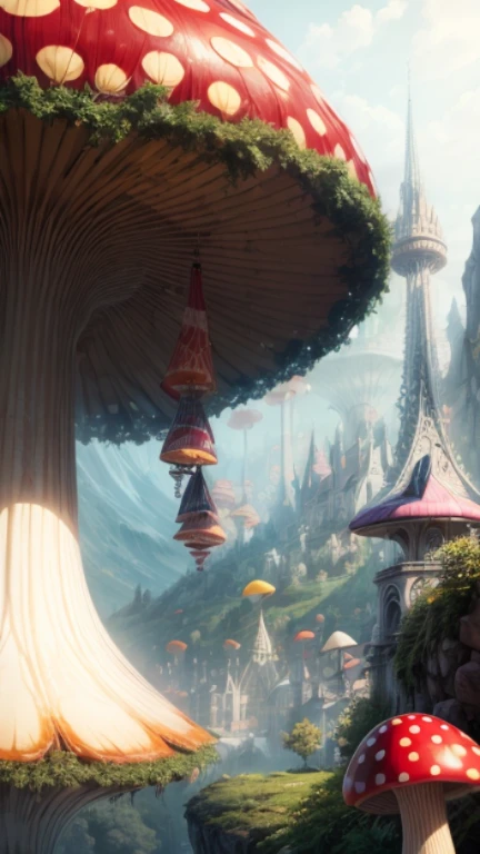 "A magical encounter, Closeup young girl exploring, Giant mushroom, elegant butterfly, Misty Wonderland, charming details"