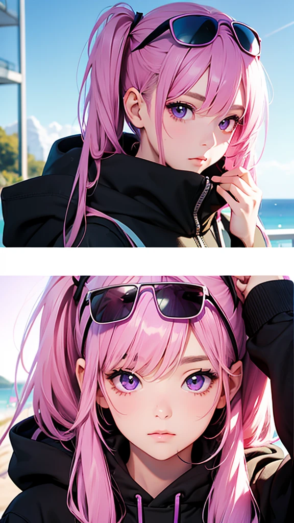 highest quality、Realistic、Women、zoom、look up、cute、Purple eyes、Pink Hair、Twin tails、sunglasses、Large black hoodie、Face close-up、slender