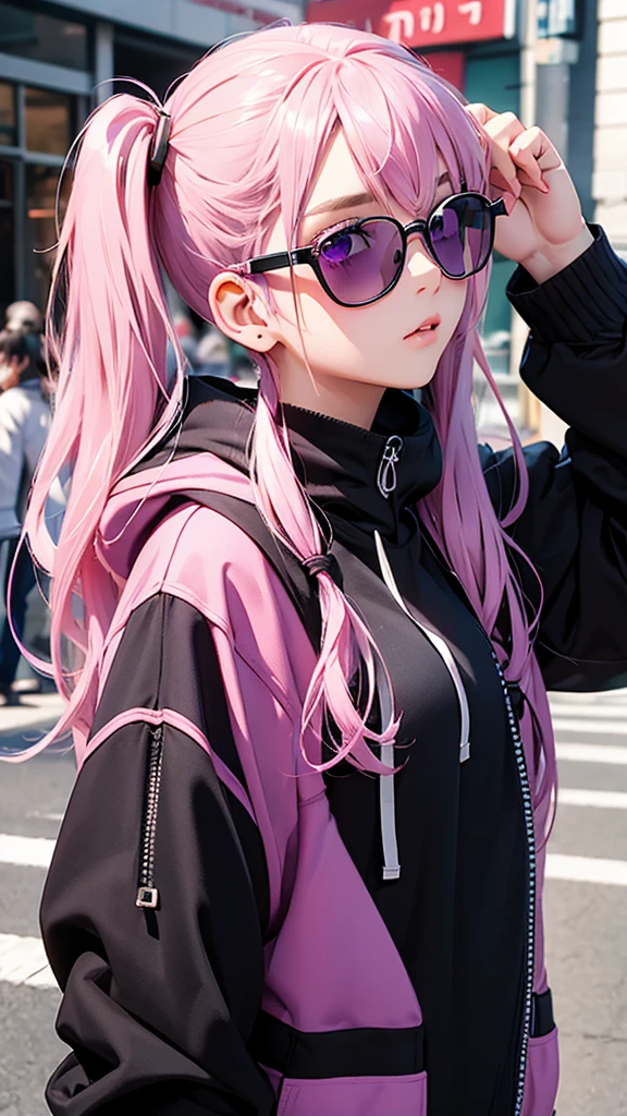 highest quality、Realistic、Women、zoom、look up、cute、Purple eyes、Pink Hair、Twin tails、sunglasses、Large black hoodie、Face close-up、slender