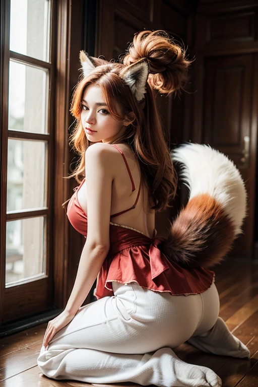 ((highest quality, 32k)), ((masterpiece)), (Familiar), Perfect Face, Fox woman, Beautiful woman, public, Has a tail, She has a fluffy tail, She has a red fox's tail., She wags her tail, Surprised face, bell collar, She wears a maid outfit, Beautiful Hips, Big Breasts , Big tail, A tail sticks out from inside the pants, Turn around on all fours