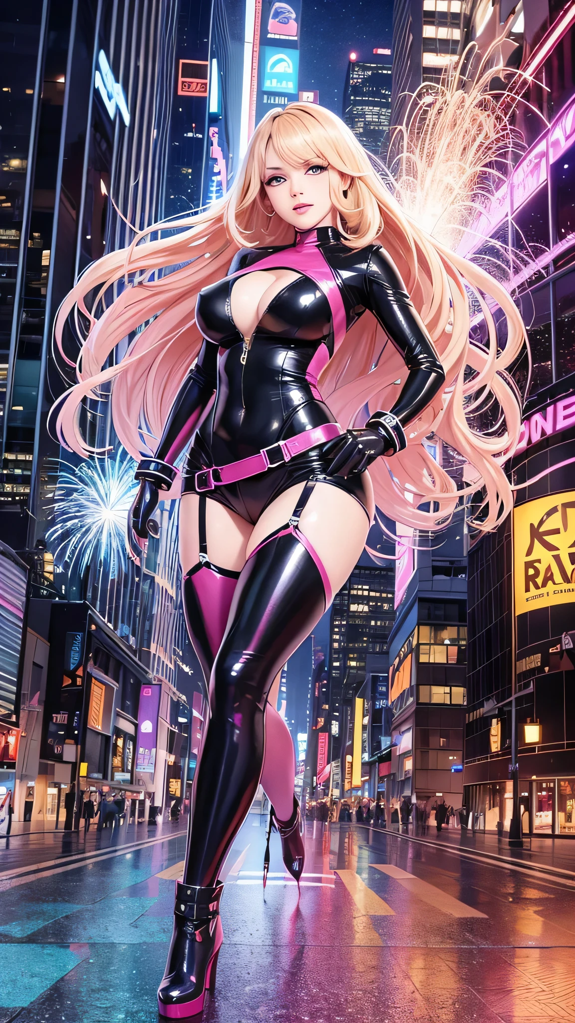 ((Jim Lee style)) Render a full-body portrait of Marvel&#39;s Dazzler in a fierce pose against a neon city backdrop。, With fireworks exploding overhead. Long blonde hair, She is exerting her powers, So there&#39;s a trail of bright light behind her, Light up her white punk rock outfit. Be sure to capture your unique sound waves emanating from your hands.、Include some vinyl records scattered around you to reference your powers with a music theme.