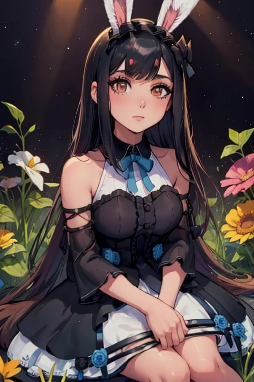 A black haired woman with brown eyes with an hourglass figure with black bunny ears in a cute lolita dress is sitting in a field of flowers
