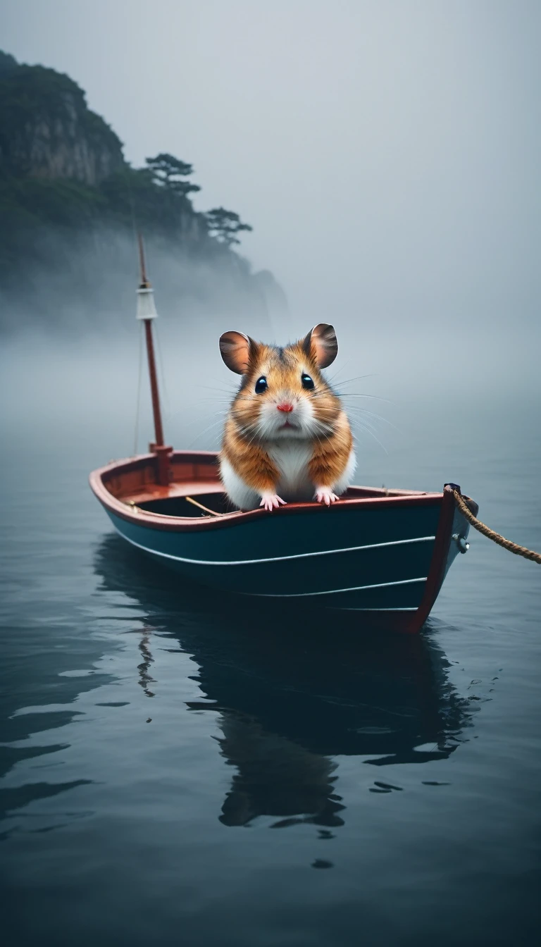 On the foggy sea,Hamster on the boat,Felicia Simien and Studio Ghibli-style minimalist photography《adventure》,maximalism,art,Movie Lighting,Negative Space,dark arts,Surrealism