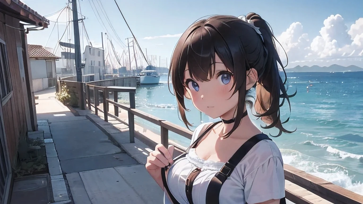 (8k, RAW foto, mejor calidad, (Obra maestra, super high quality, super detailed), anime style paisaje, chica joven, Absoluto, velas escarlatas, girl looking at the sea from the coast, camera looking at the sea, detalles intrincados, sailing ship with velas escarlatas, Una escena de una novela de Alexander Greene. "velas escarlatas" A beautiful women posing for a photograph in an alley, brown ponytail, golpes, risa feliz, blue eyes, Cuerpo magro musculoso, perfect anatomy, Looking to the camera, Time of the day, cielo azul, estilo animado, al aire libre, tendencia en artstation, Oh!, sakimichan muy sensual, con ropa original cuerpo entero, muy realista, extremadamente realista, extremadamente sexy, 8k, 8k extremadamente detallado), (un extremadamente delicado y hermoso), (obra maestra), (mejor calidad: 1.0), (ultra high resolution:1.0)