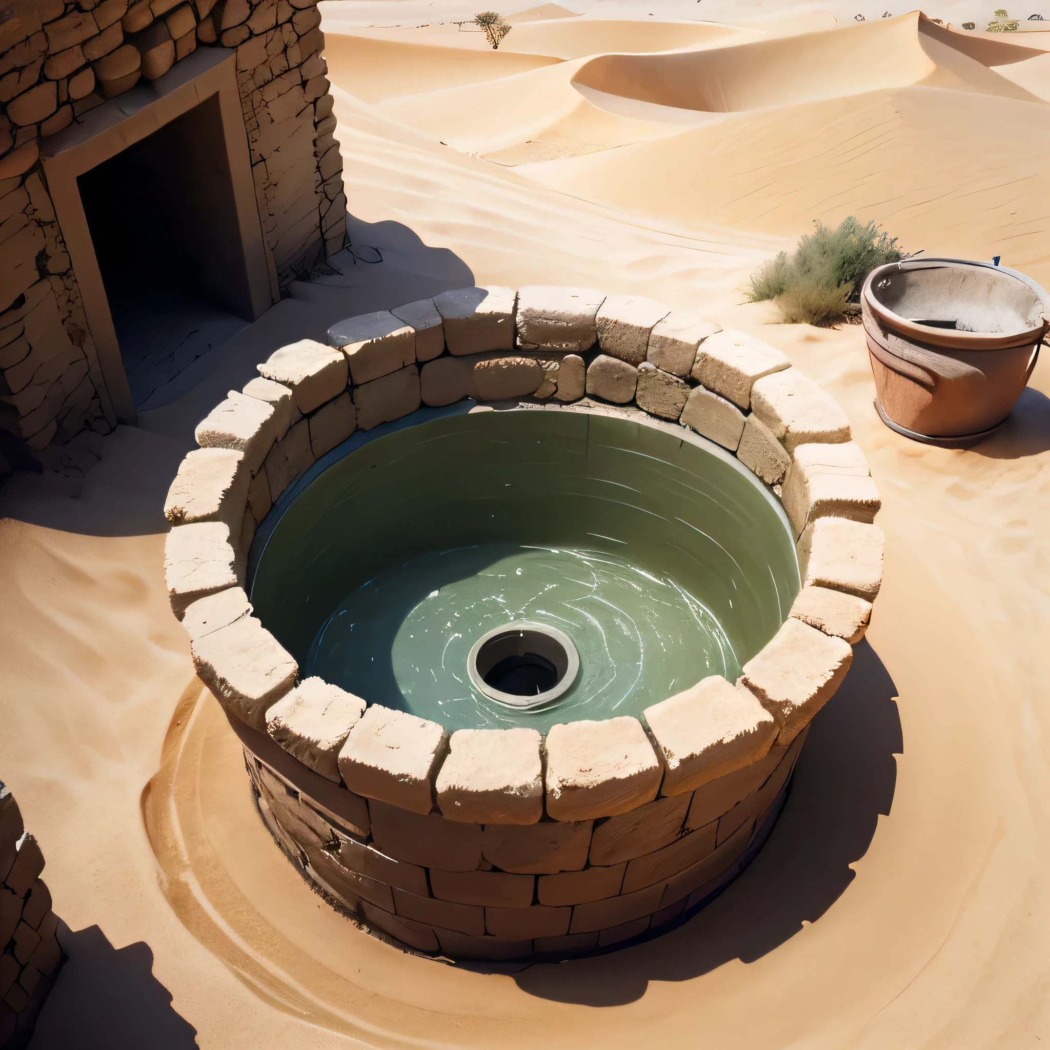 very deep water well from the time of Jesus made of stone in the desert, dug manually in the earth. well in a distant, deep place that you have to reach with a bucket