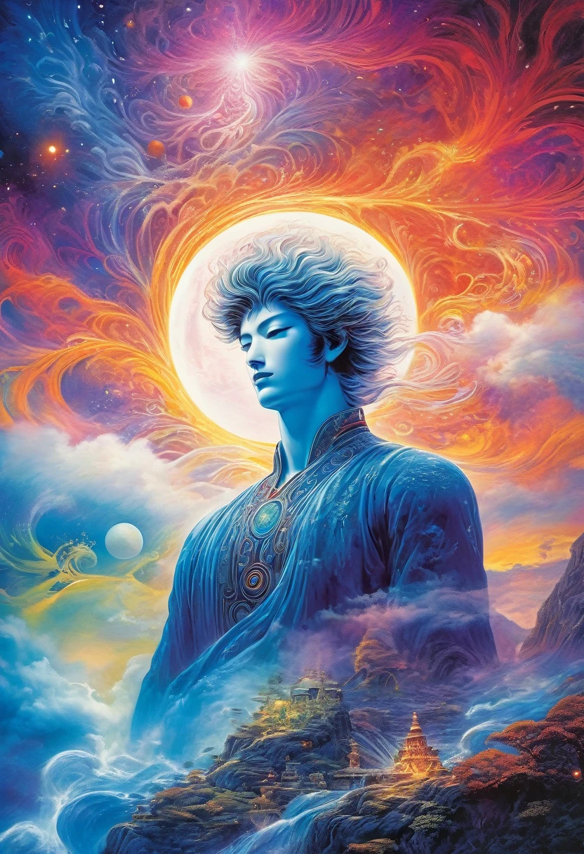 (astral projection, psychic powers:1.1, mind reading:1.1, telepathy:1.1, third eye chakra),(dreamlike, surreal:1.2, ethereal),(alternative reality, parallel universe, sci-fi),(Yoshitaka Amano style, intricate details, vibrant colors),dynamic pose,(1male, focused expression, intense gaze, charismatic),(vital energy, flowing energy lines, pulsating),(mind-bending landscapes, warped reality),(mysterious atmosphere, otherworldly scenery),(dynamic composition, surreal elements, fantastical),(mind-bending, thought-provoking),(best quality, highres:1.2, ultra-detailed:1.1, photorealistic lighting, vivid colors),(dreamy, otherworldly color palette),sci-fi, Cinematic