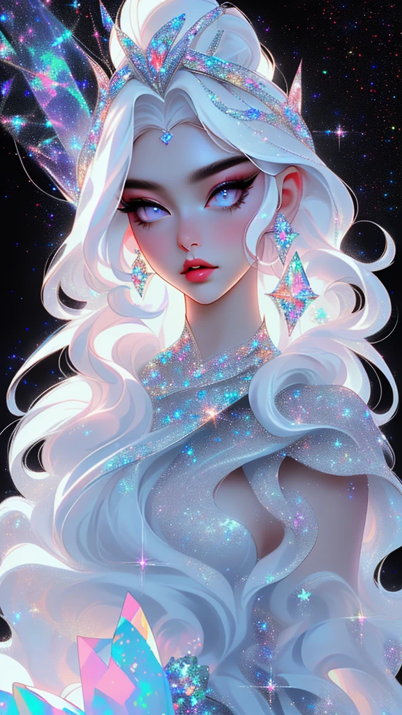 {-erro_de_anatomia:1.0} masterpiece, highest quality, (perfect face:1.1, (high detail)1.1, sweet stardust vampire , long soft white hair, opal eyes, perfectly drawn face, black dress, stars detailed background, prismatic lighting, glitter, whole body, (walking on the stars with crystal shoes) (black dress).