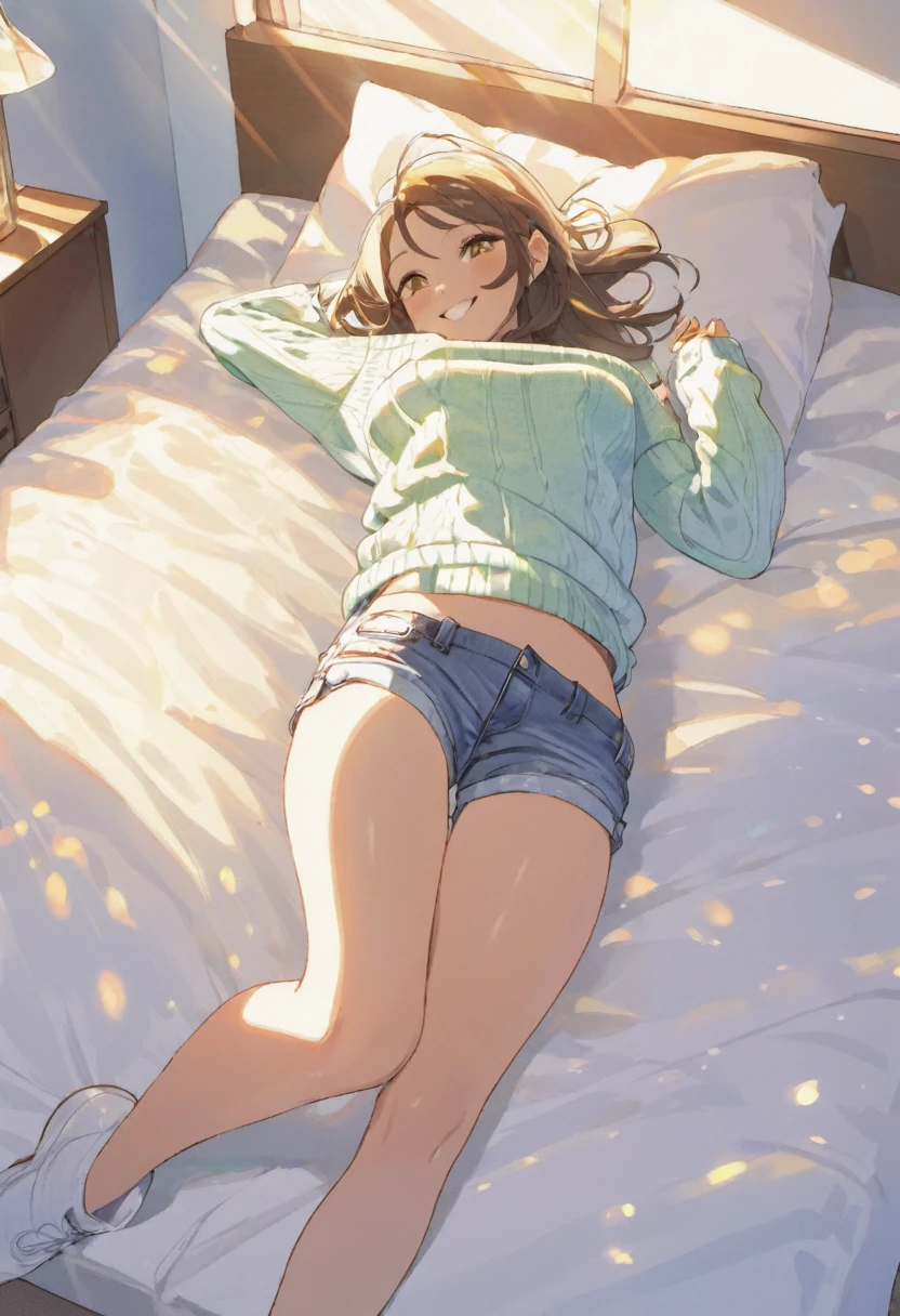 (masterpiece, highest quality), Bedroom, 1 girl, , , ,Anatomically correct body, Small breasts, (sweater), (((Unzipped shorts))), (Open Fly), (Low rise panties), in a colorful Bedroom, Lying in bed, From above, morning, Dazzling sunlight, white, Bright colors, watercolor、smile