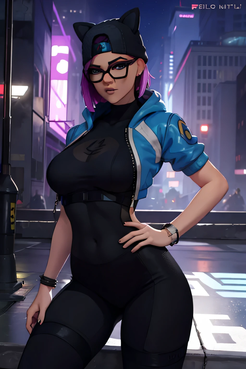 Traje de lino Cyberpunk, pulsera de picos,gorro de invierno , shorts negro con leggins Azul Marino, chaqueta azul marino ,Extremadamente detallado, rostro detallado, gafas ,hermoso rostro, ojos finos, mirando al espectador, pose femenino, Noche