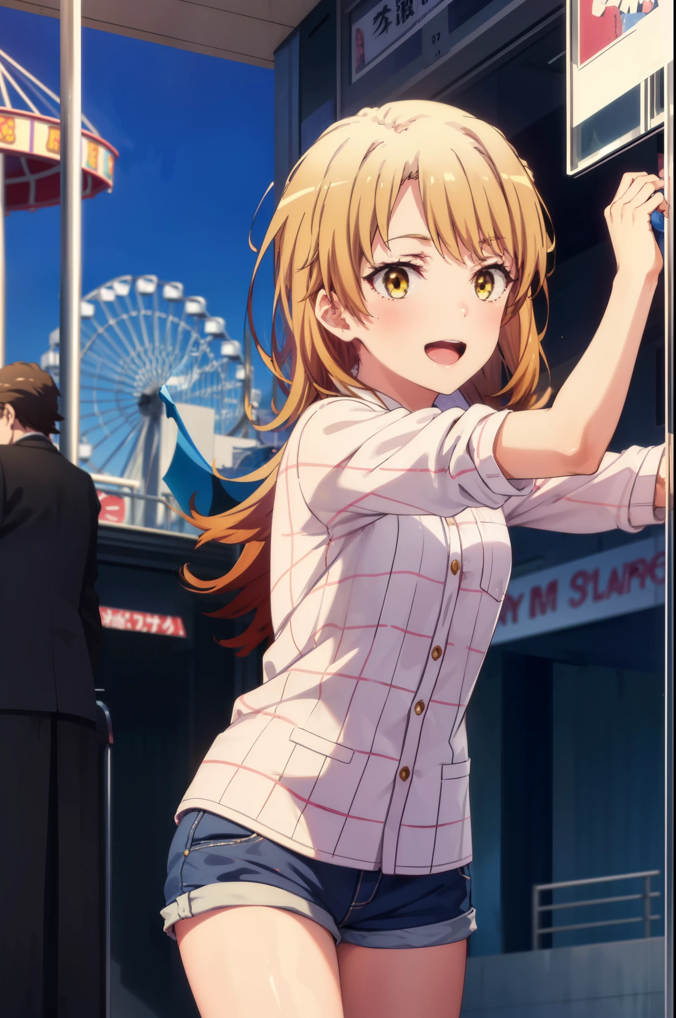 irohaisshiki, Iroha Isshiki, long hair, brown hair, (Brown eyes:1.5), happy smile, smile, Open your mouth, Oversized grey checked shirt,Shorts,short boots,amusement park, roller coaster, carousel, Bumper Car, Ferris wheel, Water Park,Clear skies,Daytime,
break indoors, amusement park,
break looking at viewer, whole body,Upper Body,(Cowboy Shot:1. 5)
break (masterpiece:1.2), highest quality, High resolution, unity 8k wallpaper, (figure:0.8), (Beautiful fine details:1.6), Highly detailed face, Perfect lighting, Highly detailed CG, (Perfect hands, Perfect Anatomy),