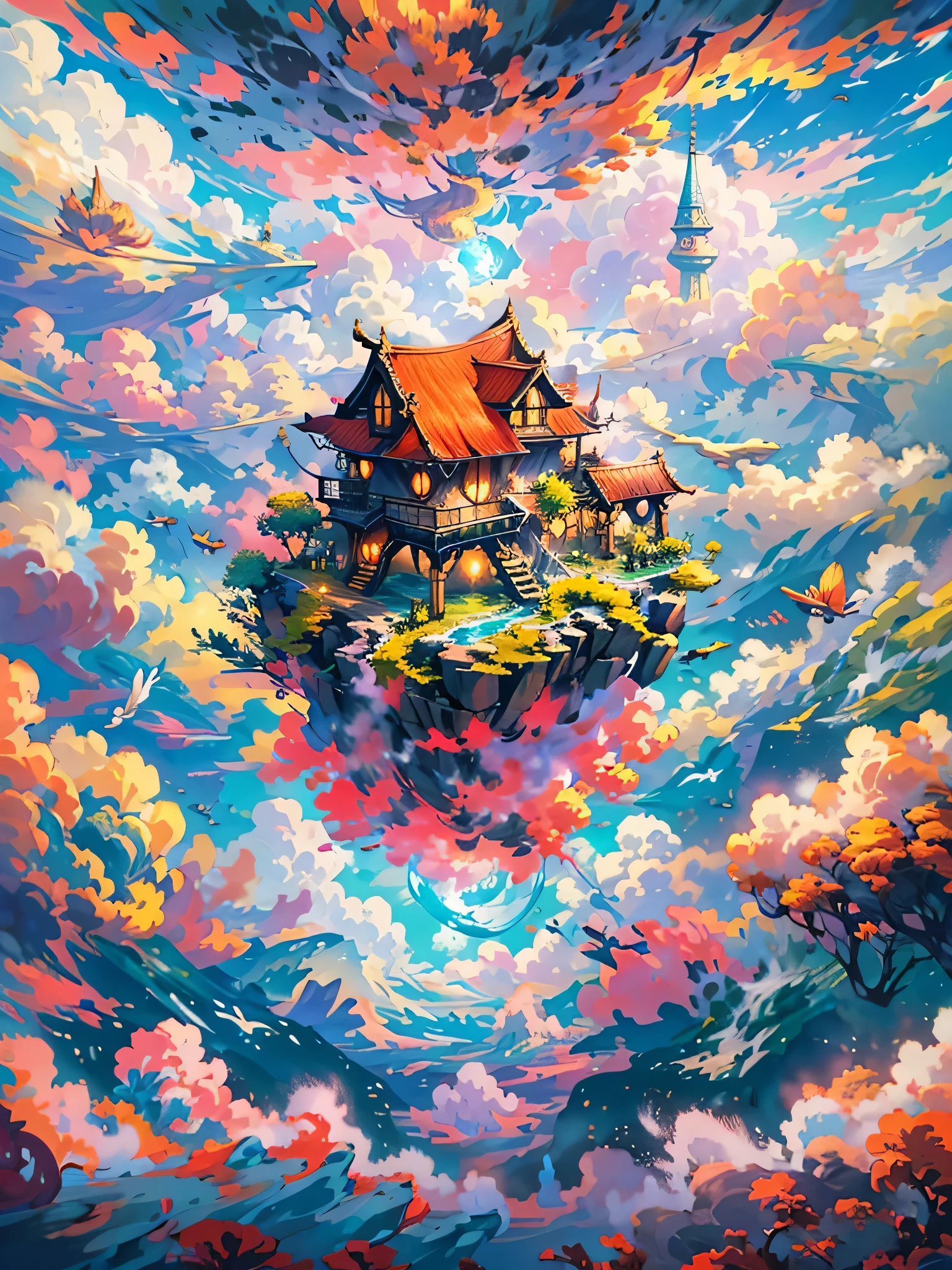 The image is、Capture mesmerizingly beautiful surreal and otherworldly aerial landscapes, The foreground of the image is vast, Colorful house roofs, Vibrant tapestry of various clouds, Vibrant colors. during the break, Countless birds, large and small, fly through the clouds.、Add life and movement to images. What are the characteristics of this image???, but, Creatures from this other world、I agree、Floating in the air 、Clouds are also illuminated from within, Creates an otherworldly glow that spreads throughout the image. The overall effect of the image is、、、On the other hand'A dreamlike and surreal aerial world, Unforgettable tranquility and majestic natural beauty..