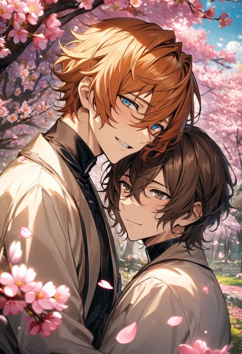 absurdres, highres, ultra detailed, HDR, master piece, best quality, extremely detailed face and eyes, Dazai Osamu, wavy brown hair, expressive brown eyes, Bungo stray dogs, Nakahara Chuuya, orange hair, expressive blue eyes, 2men together, gay couple, handsome, spring, trees, blossoms, pink petals, pink butterflies