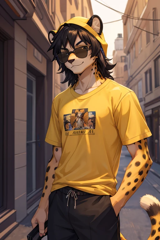 Cheetah, antro, male, solo, non-human, street clothes, Rain, younger, 20 years old, taller, messy hair, cheetah face, slim body, cheetah tail, sun glasses, black hair, little smile, furry, gorro de tela color negro, camiseta color amarillo, pantalon negro, 