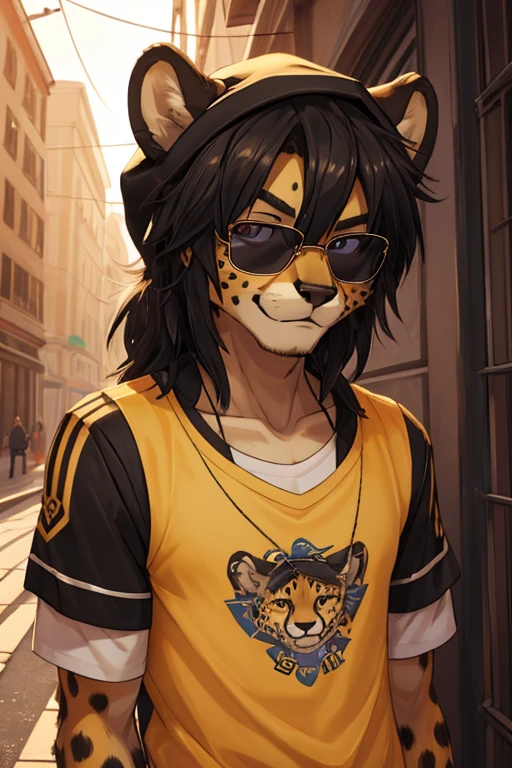 Cheetah, antro, male, solo, non-human, street clothes, Rain, younger, 20 years old, taller, messy hair, cheetah face, slim body, cheetah tail, sun glasses, black hair, little smile, furry, gorro de tela color negro, camiseta color amarillo, pantalon negro,